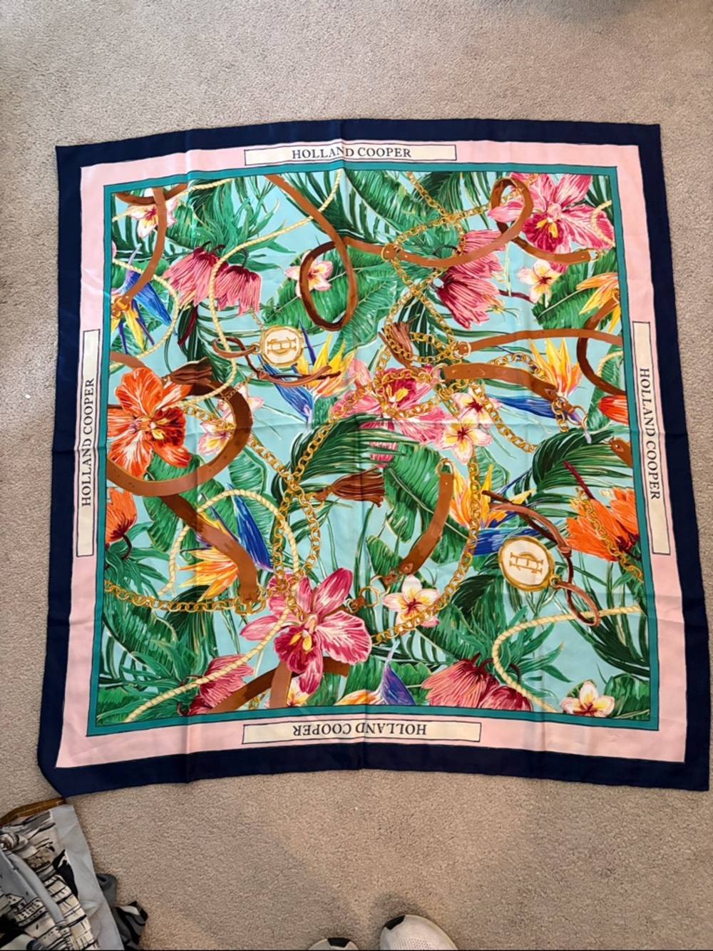 Holland Cooper Tropical Floral Silk Scarf in Aqua & Pink